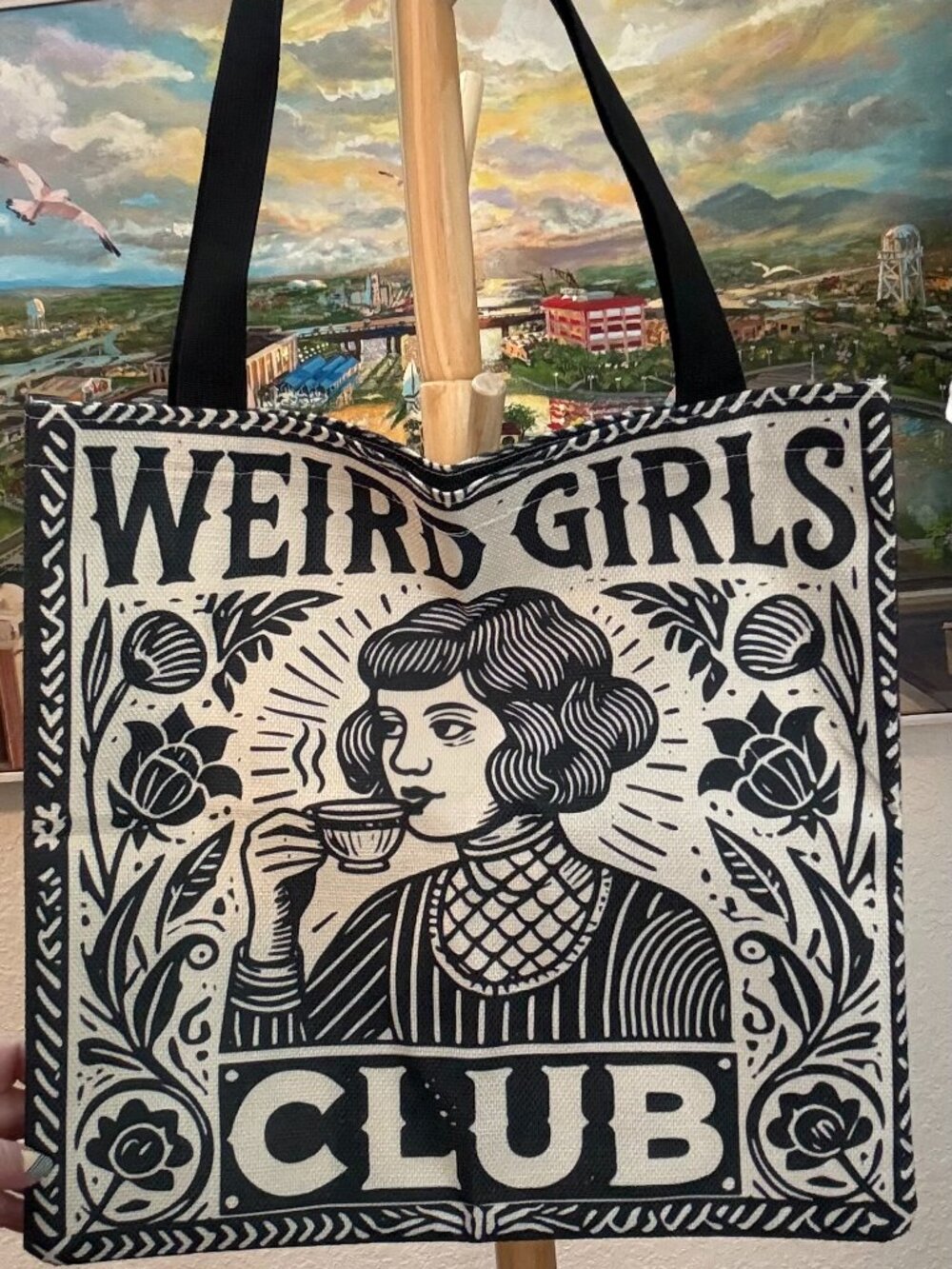 SOLD! Weird Girls Club Graphic Woven Tote Bag Black & White